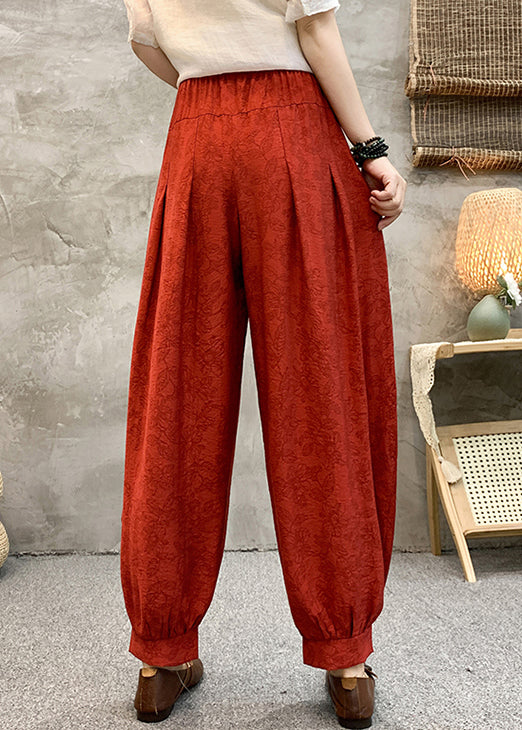 Red Print Pockets Cotton Crop Pants High Waist
