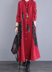 Red Print Pockets Patchwork Casual Cotton Long Dress Button Fall