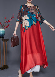 Red Print Silk A Line Dresses Oversized Draping Summer