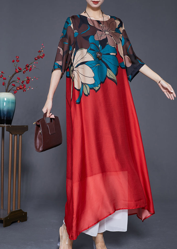 Red Print Silk A Line Dresses Oversized Draping Summer