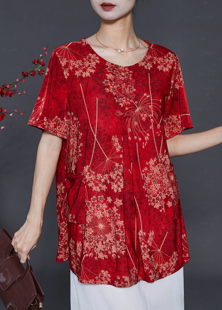 Red Print Silk Blouse Tops Chinese Button Summer