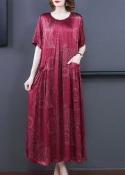 Red Print Silk Long Dress Oversized Pockets Wrinkled Summer