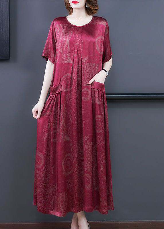 Orange -texture Print Silk Long Dress Oversized Pockets Wrinkled Summer