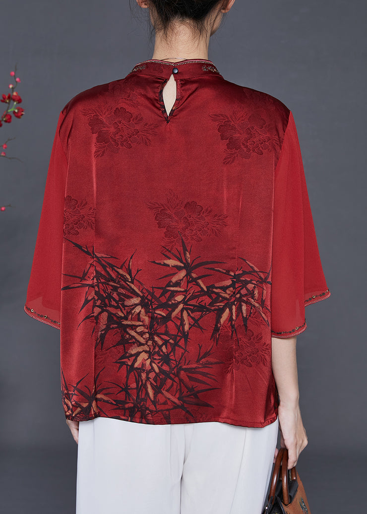 Red Print Silk Oriental Shirt Tasseled Embroidered Summer