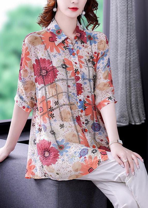 Red Print Silk Shirt Top Turn-down Collar Zircon Short Sleeve