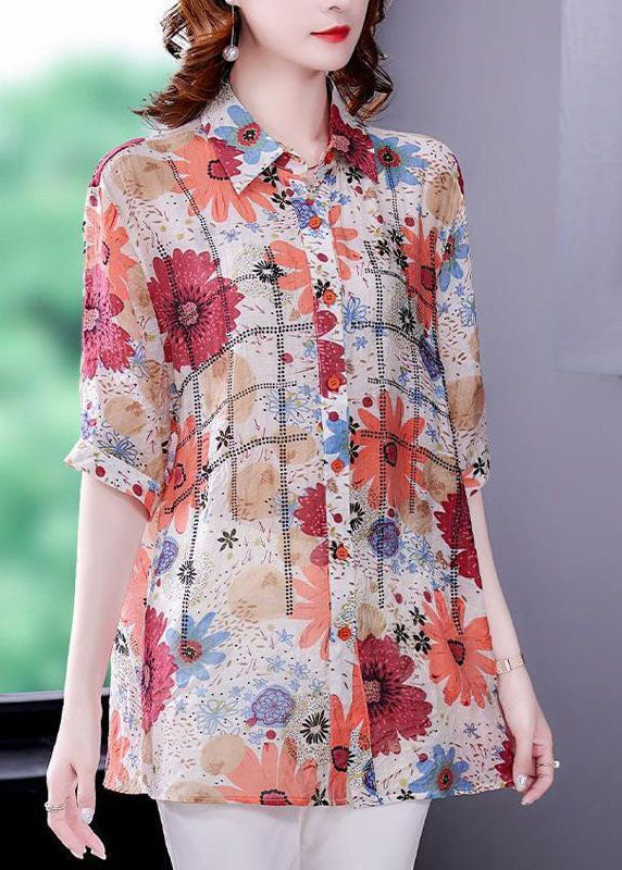 Red Print Silk Shirt Top Turn-down Collar Zircon Short Sleeve