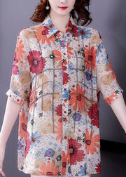 Red Print Silk Shirt Top Turn-down Collar Zircon Short Sleeve