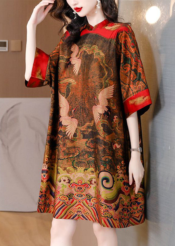 Red Print Silk Vacation Dresses Stand Collar Side Open Half Sleeve