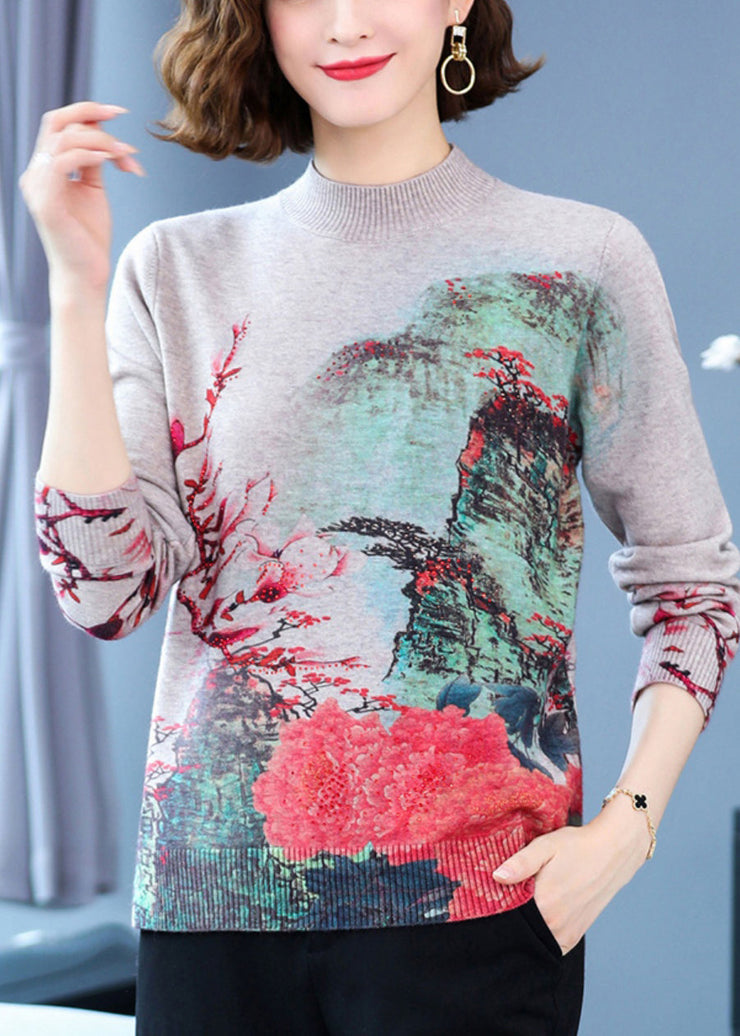 Red Print Soft Woolen Short Sweater Half Hign Neck Spring