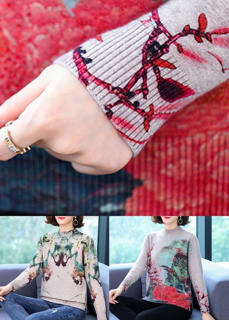 Red Print Soft Woolen Short Sweater Half Hign Neck Spring