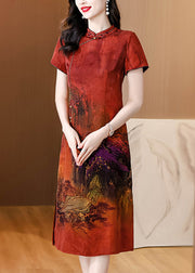 Red Print Vintage Silk Long Dress Tasseled Side Open Summer