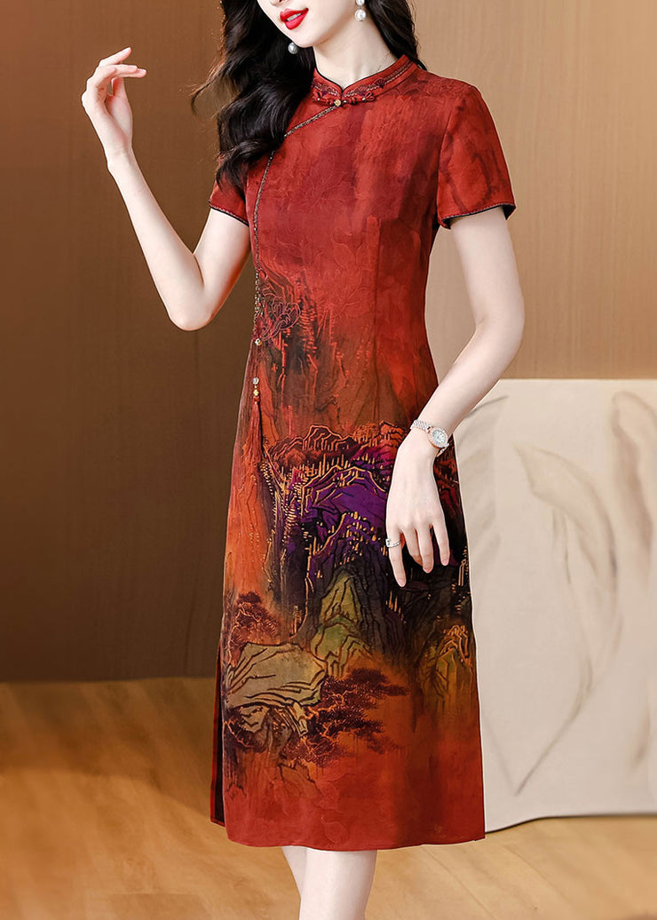 Red Print Vintage Silk Long Dress Tasseled Side Open Summer