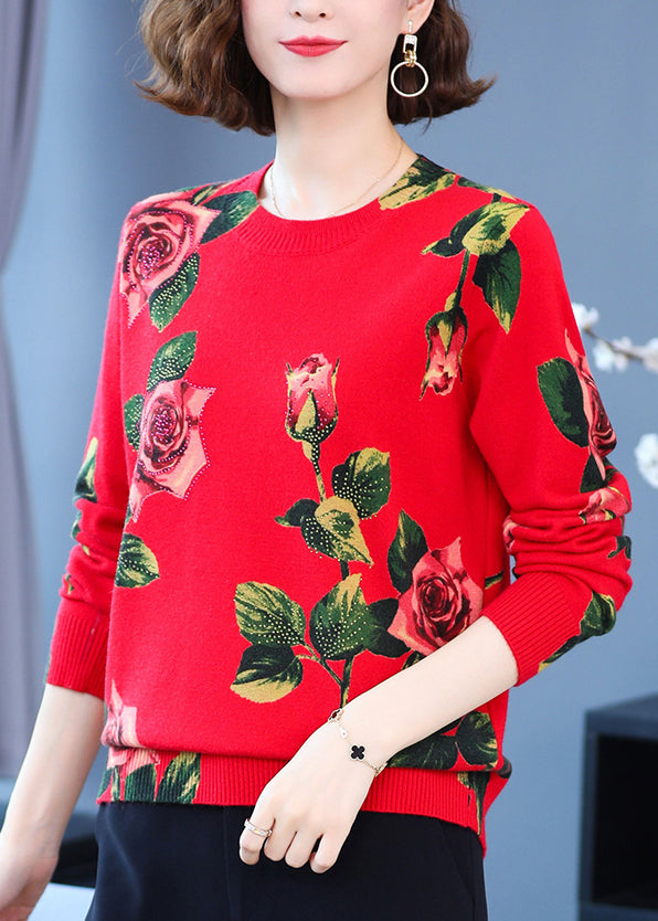 Red Print Woolen Knitted Tops O Neck Zircon Spring