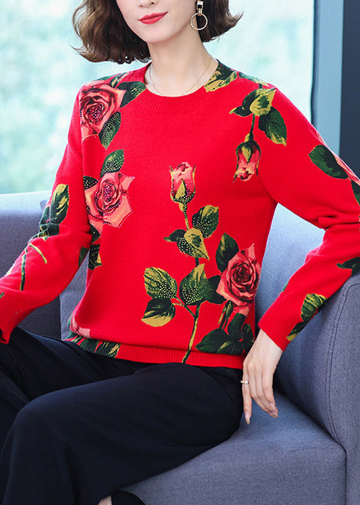 Red Print Woolen Knitted Tops O Neck Zircon Spring