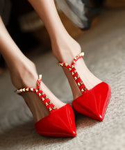 Red Rivet Stiletto Cowhide Leather Comfortable Splicing Slide Sandals