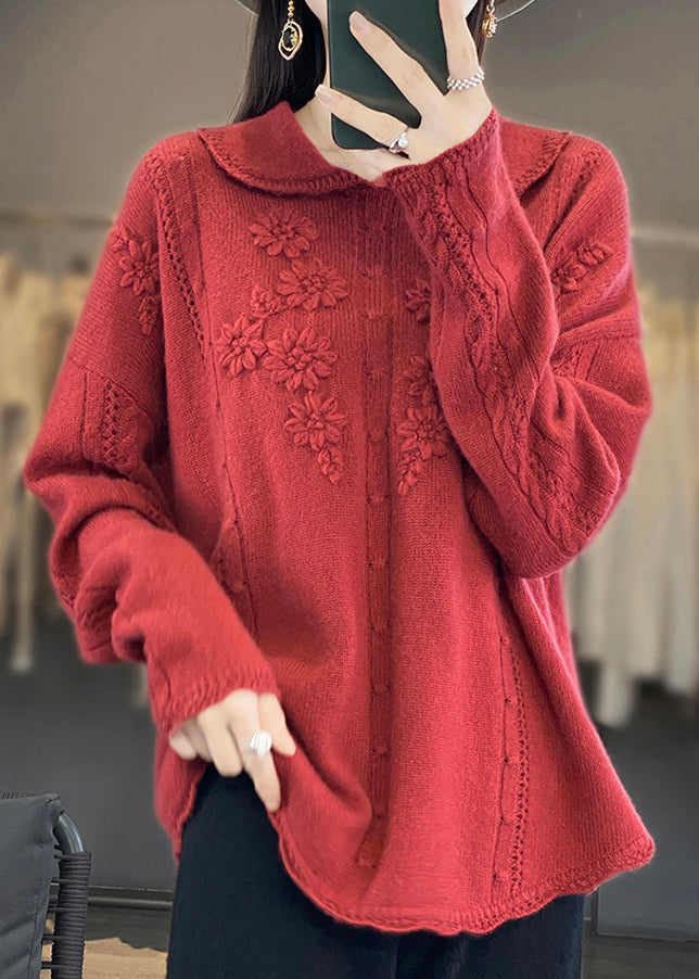 Red Ruffled Patchwork Wool Sweaters Peter Pan Collar Long Sleeve