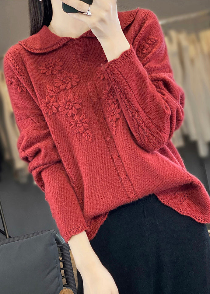 Red Ruffled Patchwork Wool Sweaters Peter Pan Collar Long Sleeve