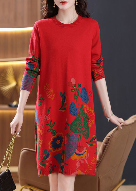 Red Side Open Cozy Wool Knit Dress O Neck Spring