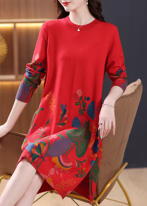 Red Side Open Cozy Wool Knit Dress O Neck Spring