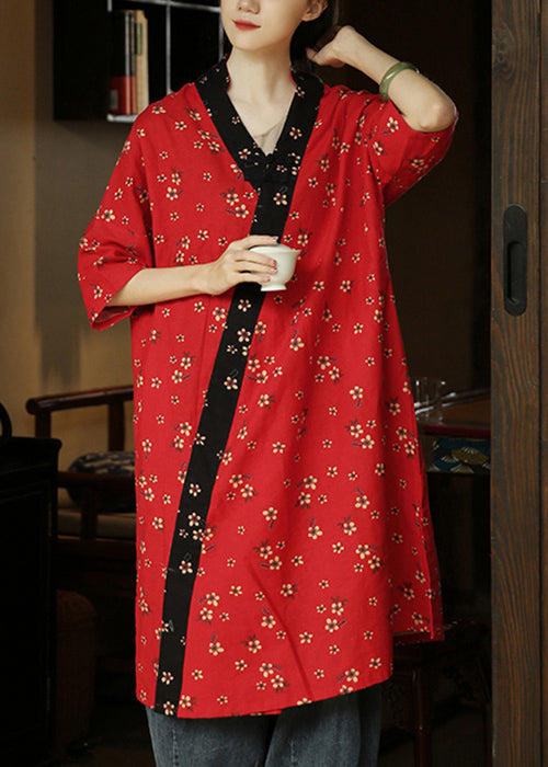 Red Side Open Patchwork Cotton Dress V Neck Half Sleeve