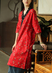 Red Side Open Patchwork Cotton Dress V Neck Half Sleeve