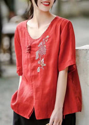 Red Side Open Patchwork Cotton T Shirt Embroidered Short Sleeve