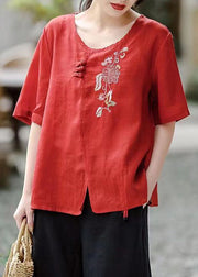 Red Side Open Patchwork Cotton T Shirt Embroideried Short Sleeve