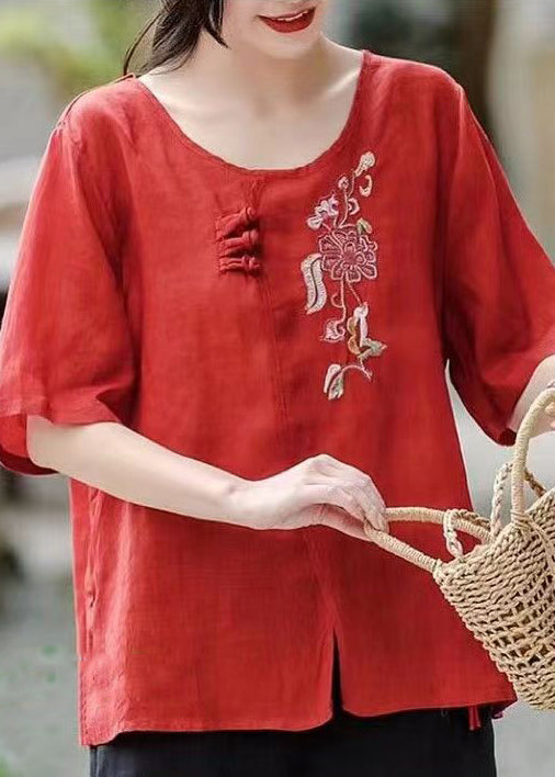 Red Side Open Patchwork Cotton T Shirt Embroidered Short Sleeve