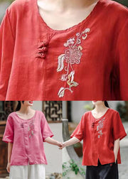 Red Side Open Patchwork Cotton T Shirt Embroidered Short Sleeve