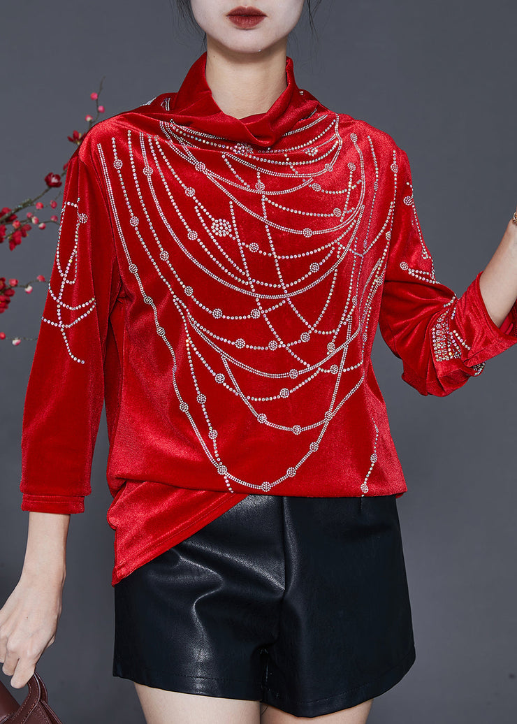 Red Silm Fit Silk Velour Top Turtle Neck Zircon Spring