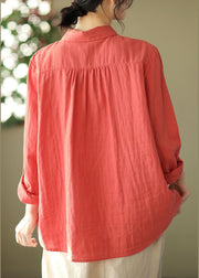 Red Slim Fit Cotton Shirt Top Embroideried Wrinkled Spring