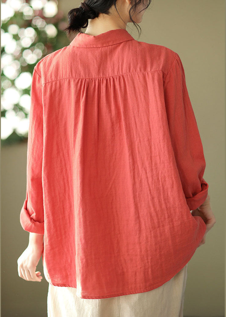 Red Slim Fit Cotton Shirt Top Embroideried Wrinkled Spring