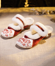 Red Slippers Shoes Chinese Style Embroidery Fuzzy Wool Lined