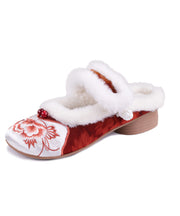 Red Slippers Shoes Chinese Style Embroidery Fuzzy Wool Lined