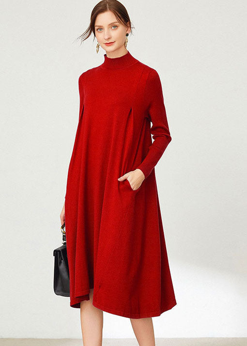 Red Solid Knit Long Sweater Stand Collar Oversized Long Sleeve