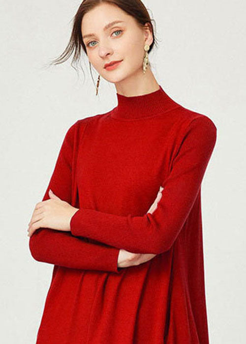 Red Solid Knit Long Sweater Stand Collar Oversized Long Sleeve