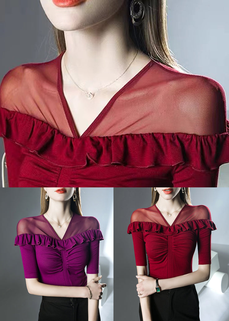 Red Solid Patchwork Cotton T Shirts V Neck Summer