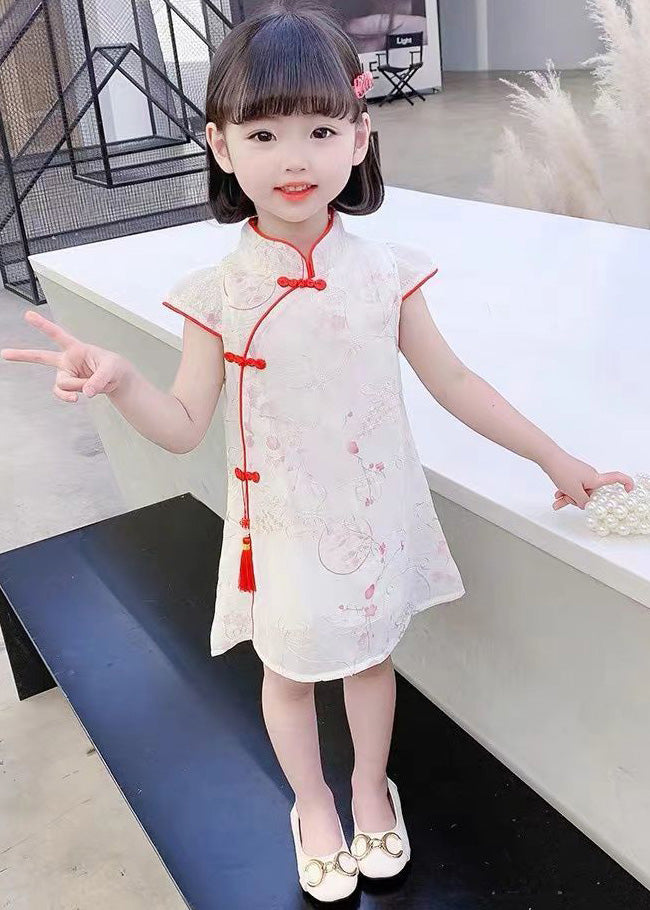 Red Stand Collar Button Silk Kids Mid Dress Summer