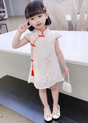 Red Stand Collar Button Silk Kids Mid Dress Summer