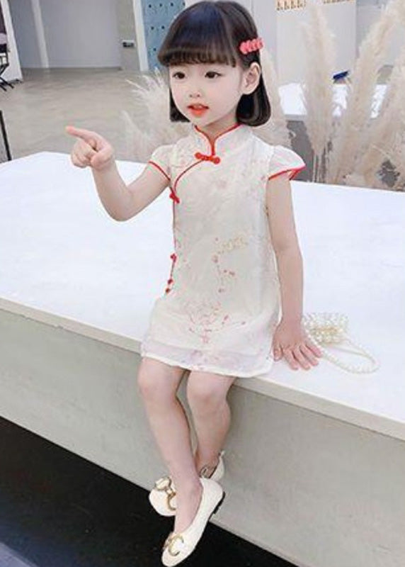 Red Stand Collar Button Silk Kids Mid Dress Summer