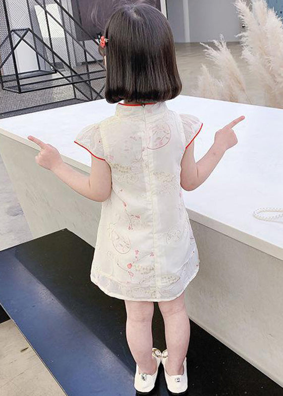 Red Stand Collar Button Silk Kids Mid Dress Summer