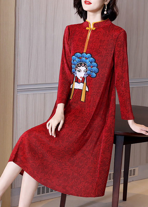 Red Stand Collar Print Patchwork Wrinkled Button Maxi Dress Long Sleeve