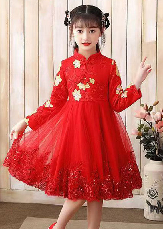 Red Stand Collar Sequins Tulle Kids Maxi Dress Long Sleeve