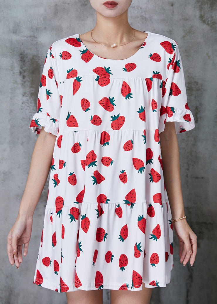 Red Strawberry Print Cotton Tea Dress Oversized Summer