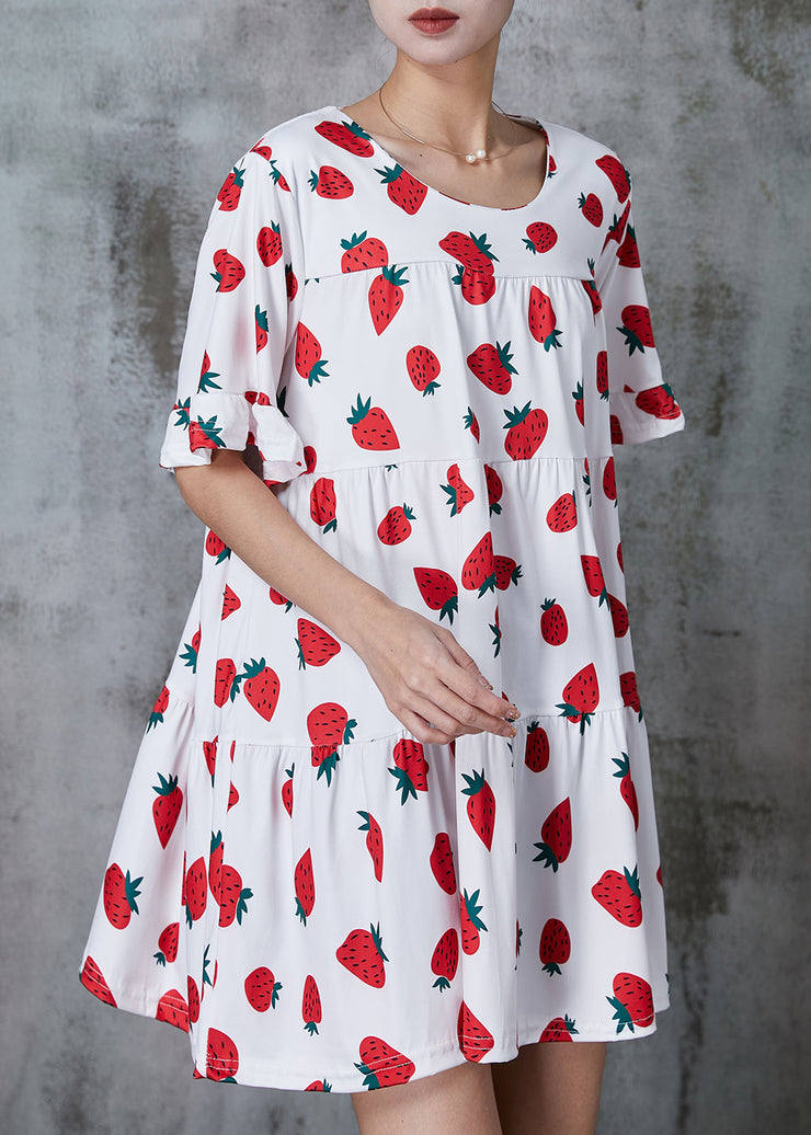 Red Strawberry Print Cotton Tea Dress Oversized Summer