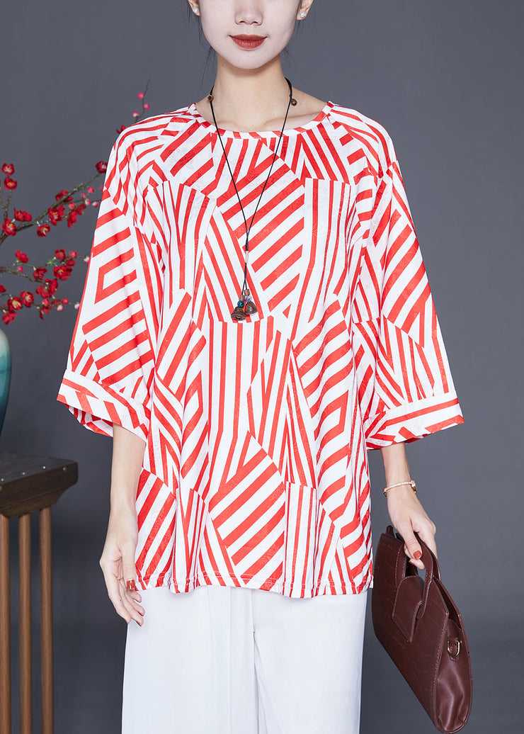 Red Striped Chiffon Shirt Top Oversized Bracelet Sleeve