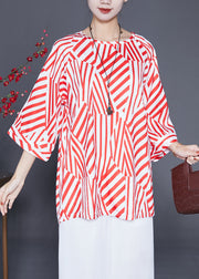 Red Striped Chiffon Shirt Top Oversized Bracelet Sleeve