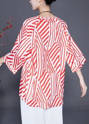 Red Striped Chiffon Shirt Top Oversized Bracelet Sleeve