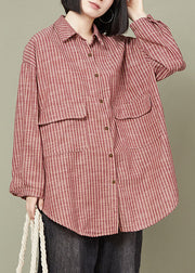 Red Striped Pockets Cotton Shirt Peter Pan Collar Long Sleeve