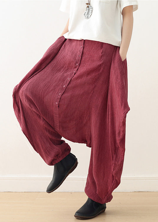 Red Tie Dye Cotton Harem Pants Asymmetrical Button Fall